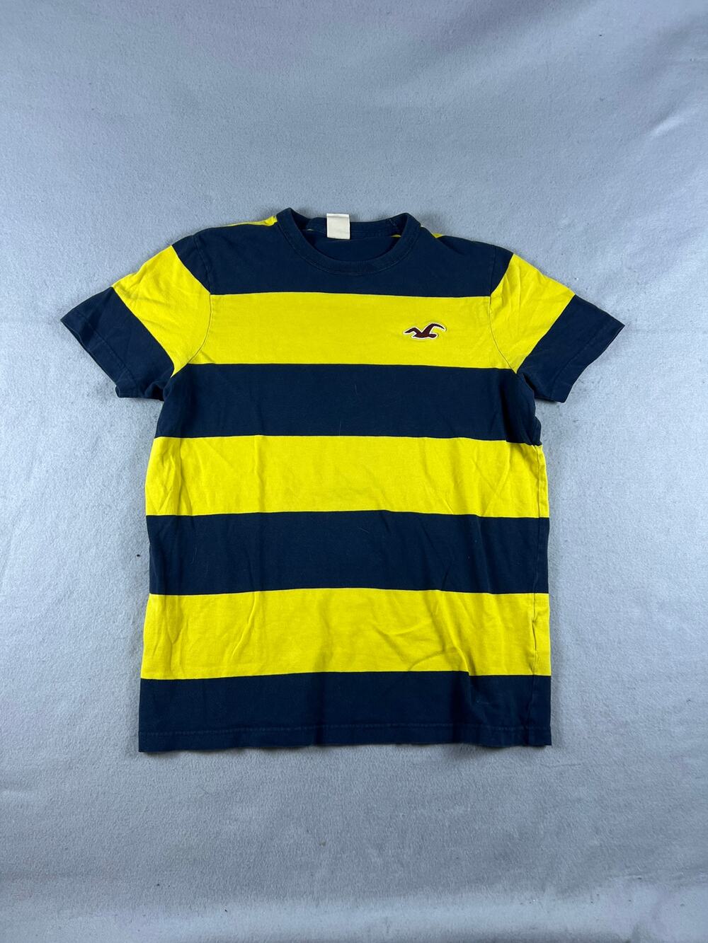 Hollister T-Shirt Mens L Blue Yellow Short Sleeve Crew Neck Striped Classic Tee